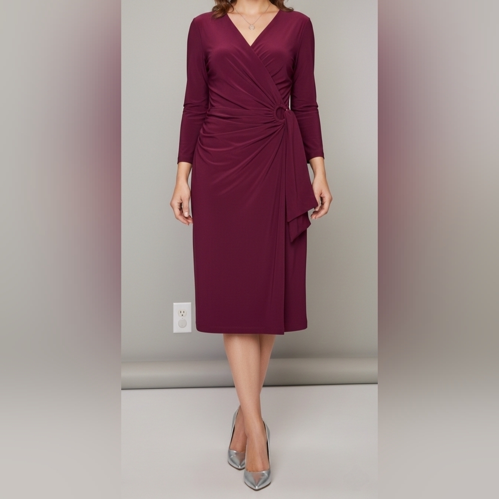 Womens Nina Leonard Faux Wrap Dress BURGUNDY WINE | MEDIUM | Party Dress - Picture 8 of 8